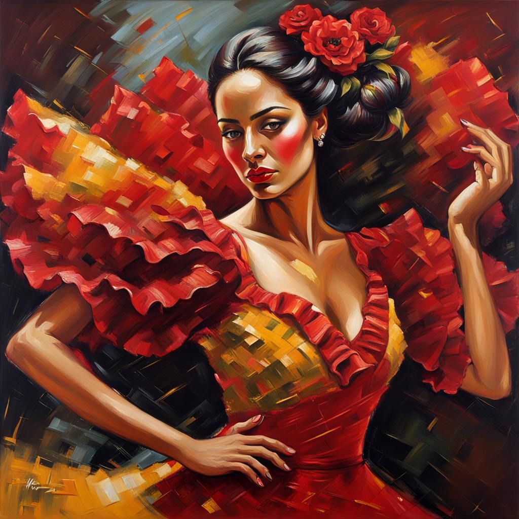 Flamenco Dancer in Motion: Oil Painting with Vibrant Hues