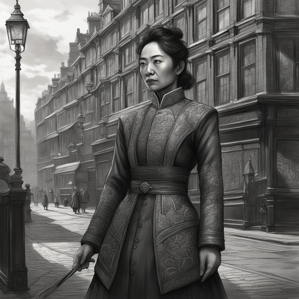 Intense Asian Woman in London: a Detailed Pencil Sketch