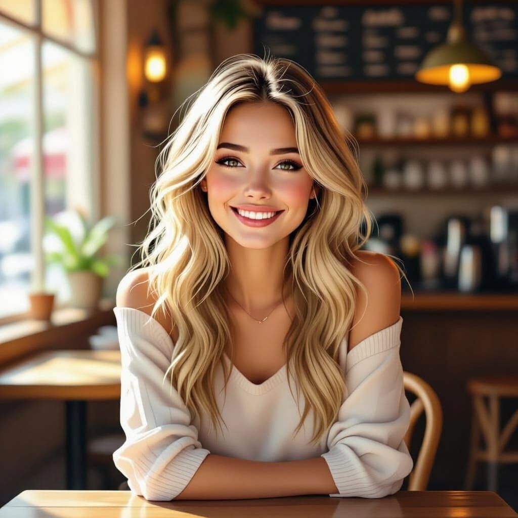 Beautiful Blonde Woman Smiles Warmly in Cafe Bar