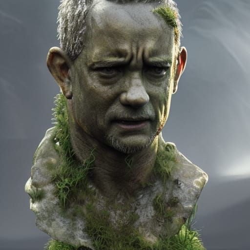 Moss-Covered Tom Hanks Bust: Dark Fantasy Concept Art