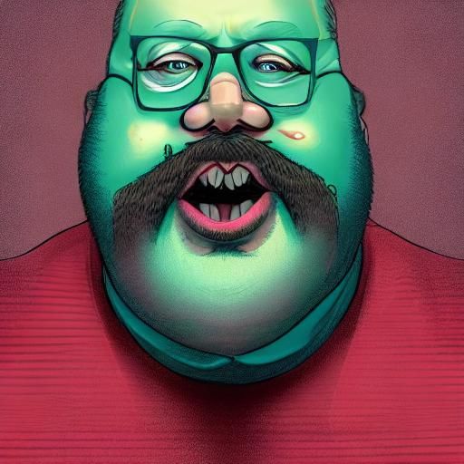 A portrait of a surreal enigmatic imaginary male artist, cartoony, over exaggerated features, fat, sweaty, balding, patc...