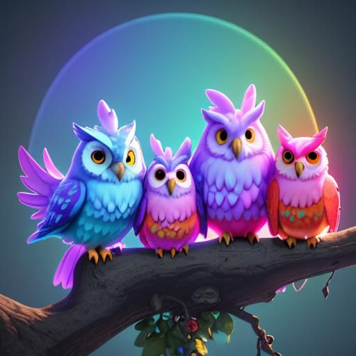 Colorful Owls Singing: Digital Watercolor Illustration