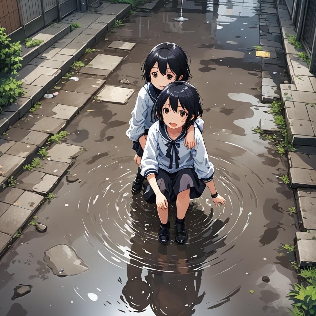 Anime Style Figure Playing in Puddle