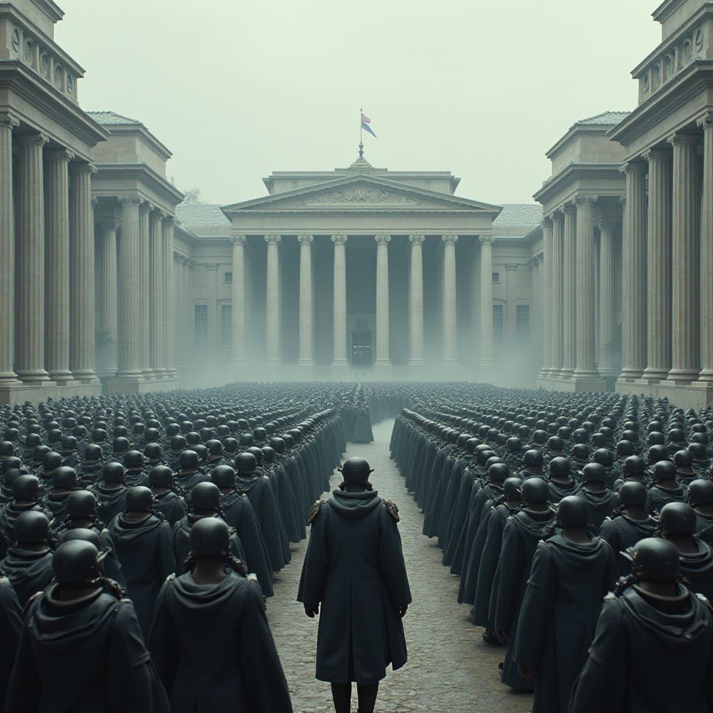 Futuristic Dystopian Army Marches on Oppressive Metropolis