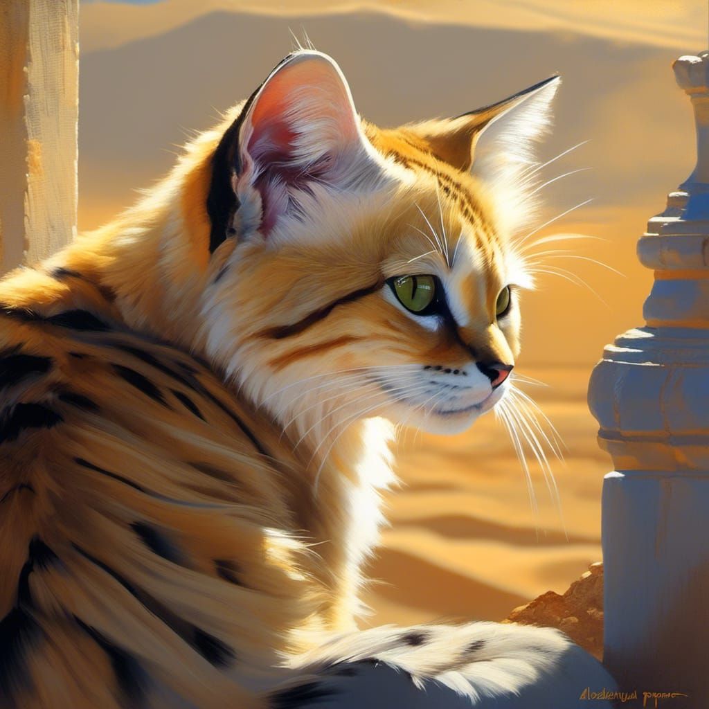 Sandcat Gazing at Landscape: Romantic Academia Art