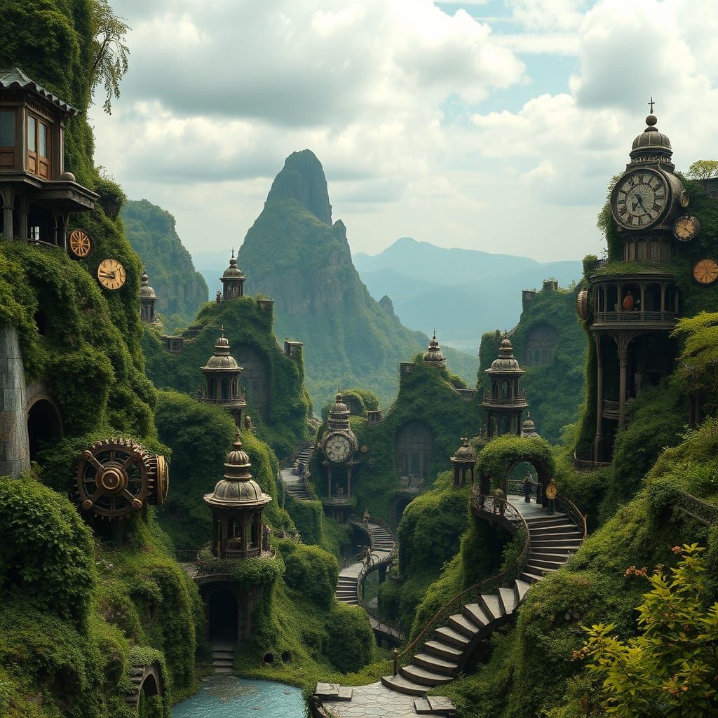 Decaying Clockwork Architecture in Steampunk Landscape