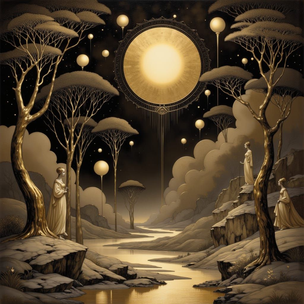 Dark Brown and White Dreamscape with Ethereal Figures