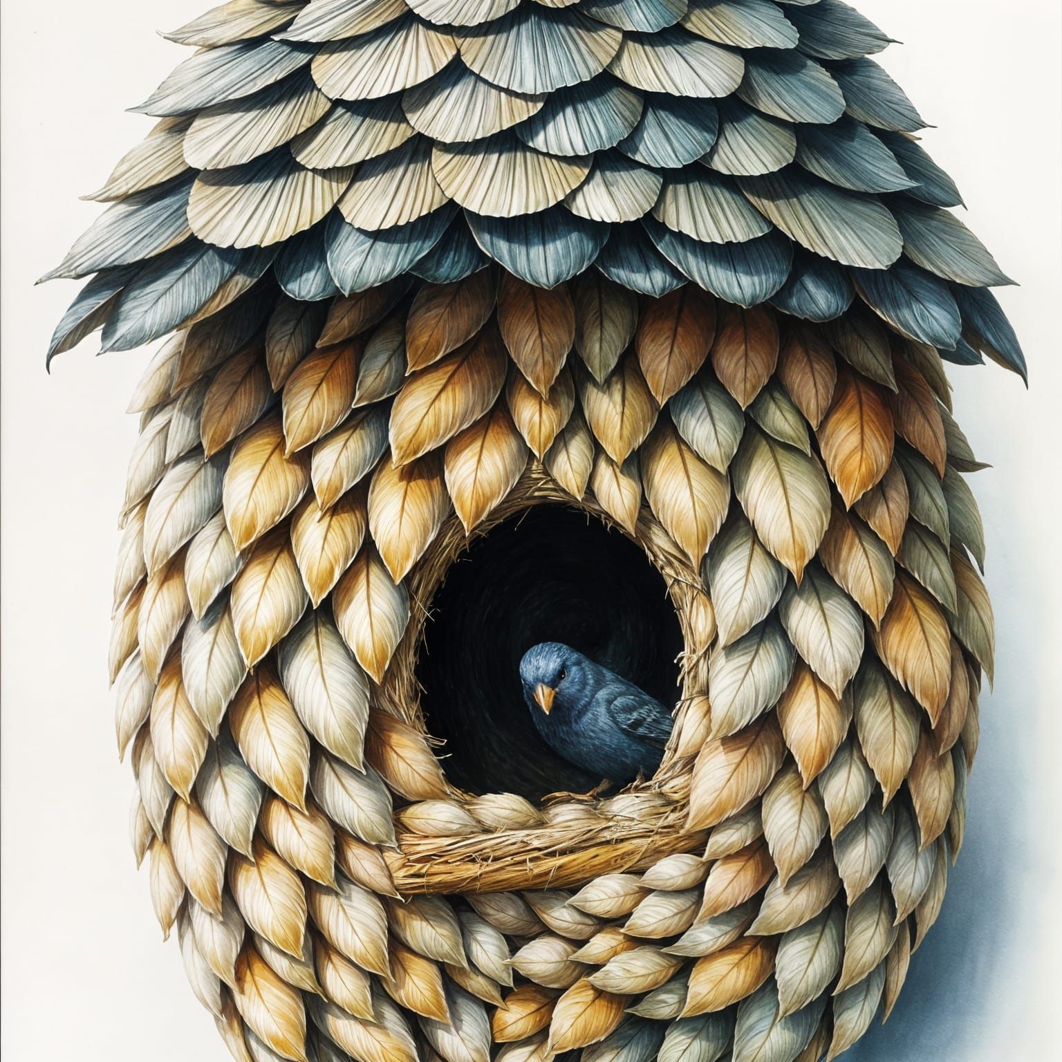 Feather Birdhouse in Gouache Watercolor Style