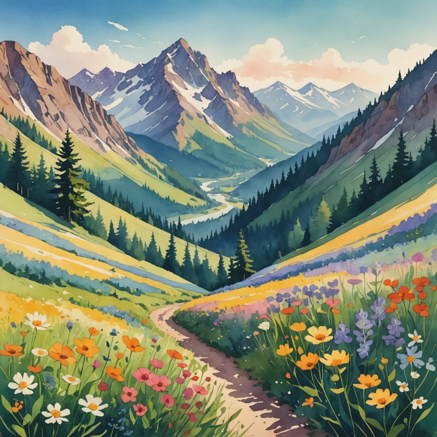 Colorful Mountain Valley in Watercolor and Ink