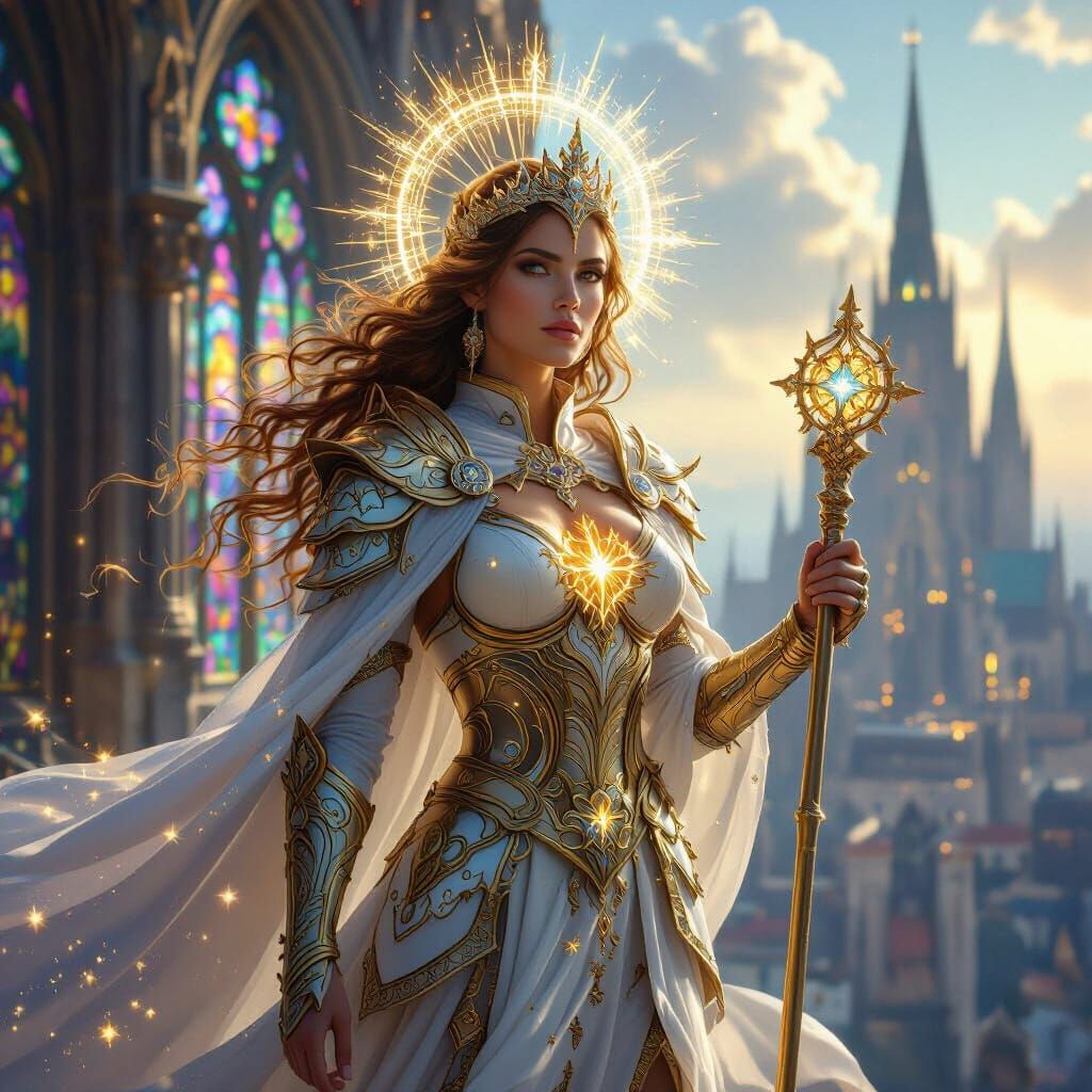 Woman in Celestial Armor on Precipice