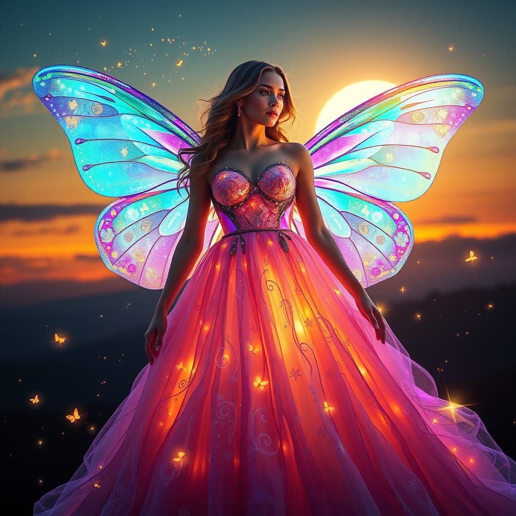 Regal Female Figure in Iridescent Gown with Butterfly Wings