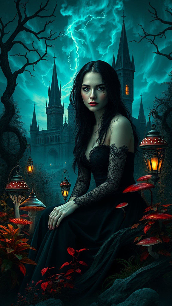 Gothic Woman in Bioluminescent Garden Amidst Storm