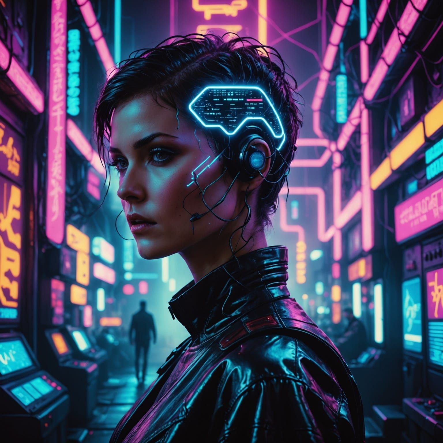 Cyberpunk Girl with Electric Cityscape on Her Head