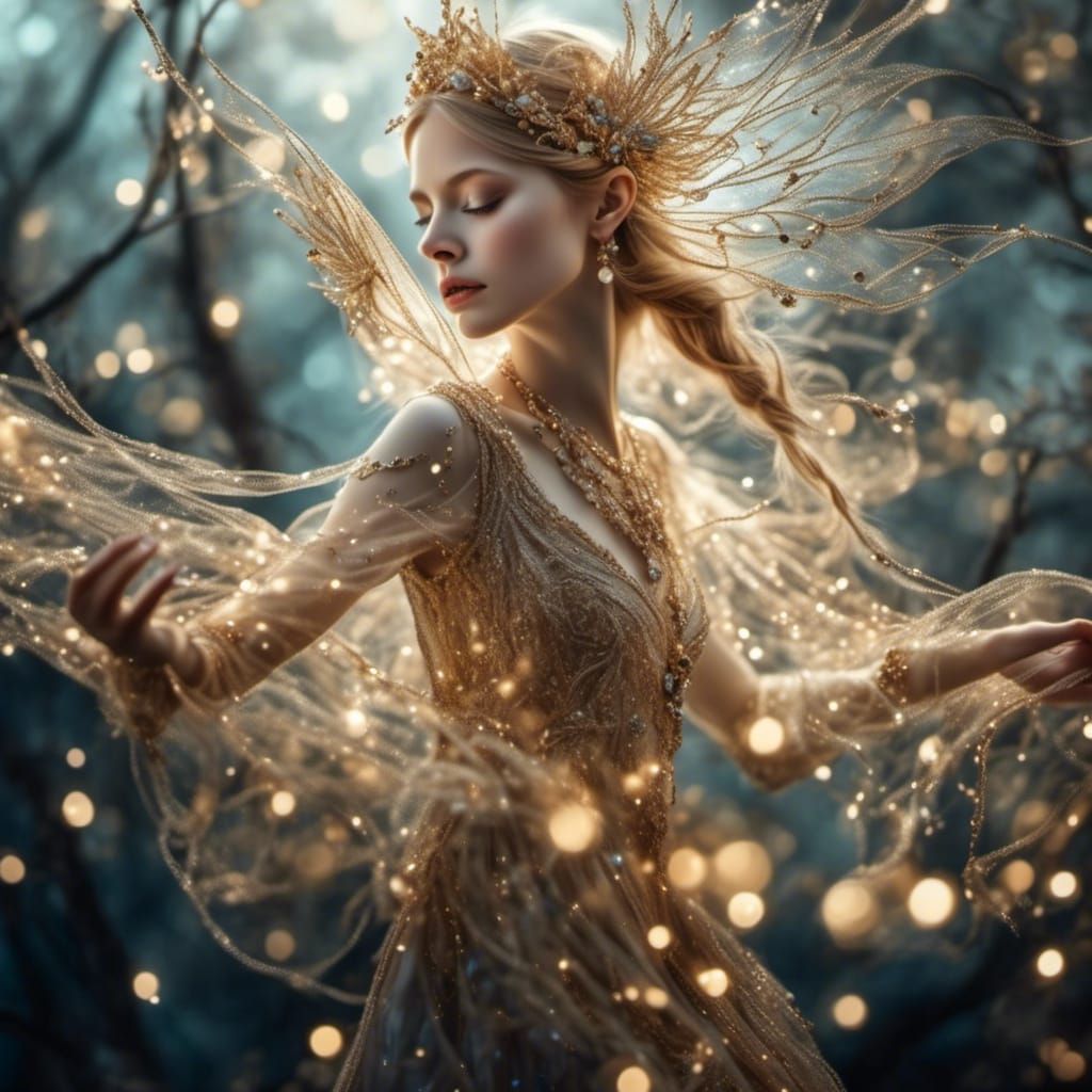 Ethereal Elven Maiden Dances in Vibrant Gilt Glass