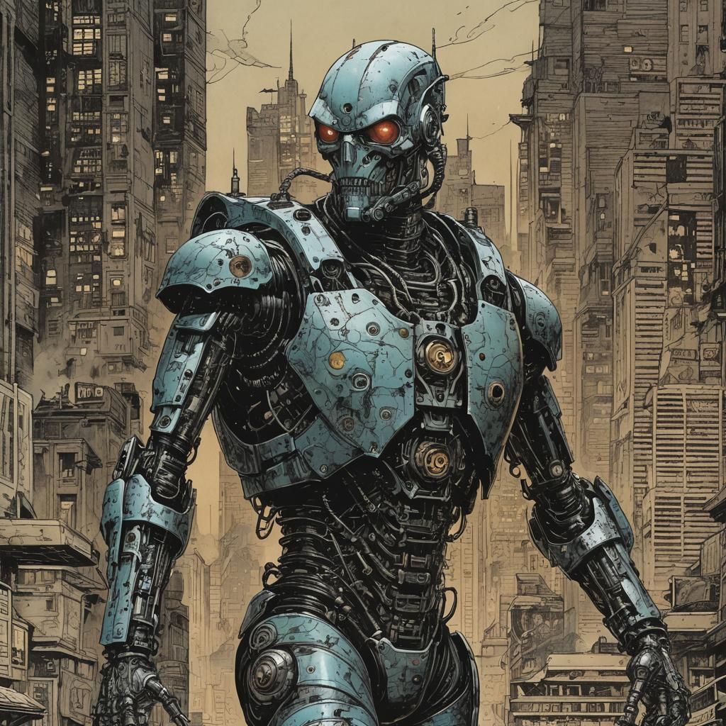 Sinister Steampunk Android Assassin in Dark City