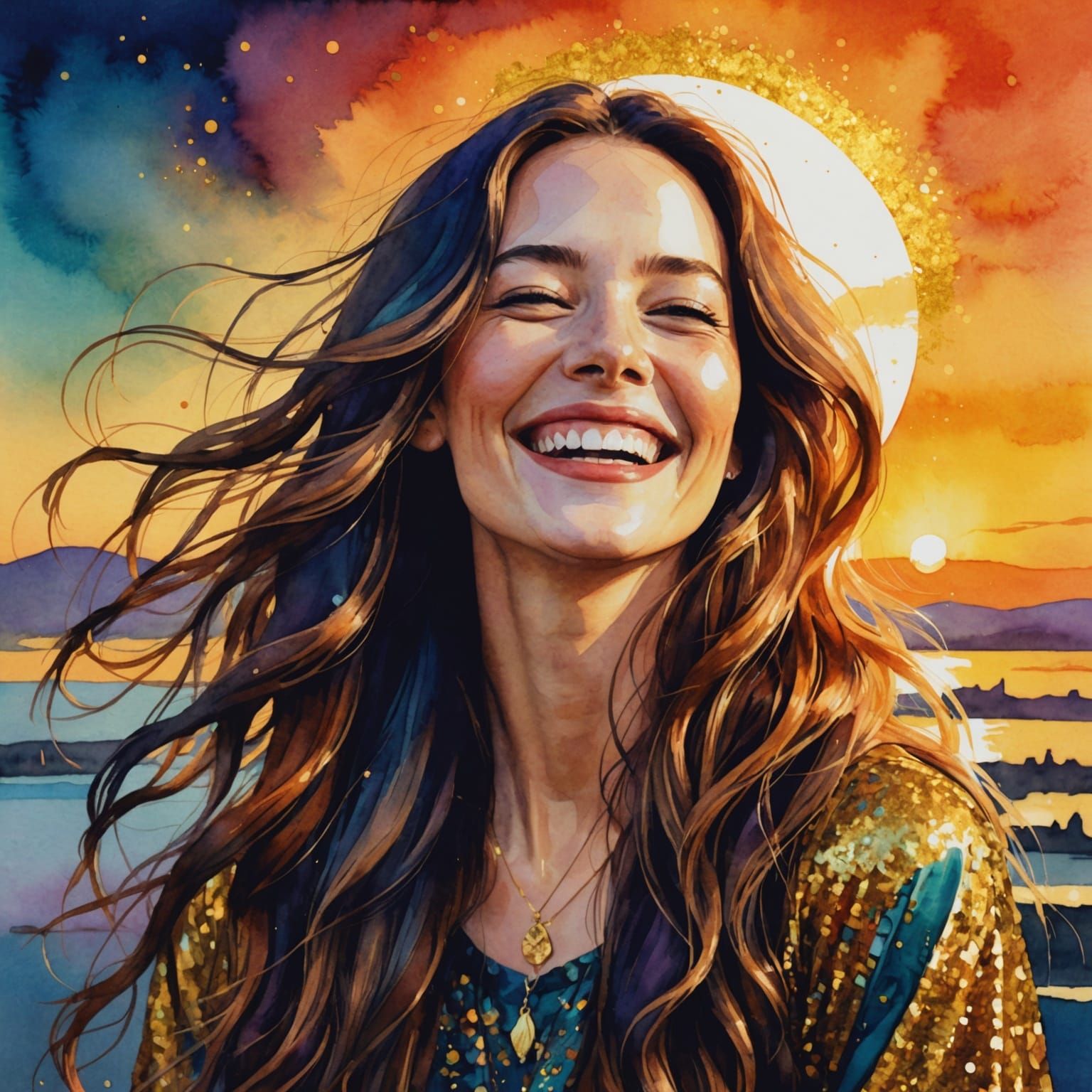 Portrait of a laughing woman at sunset