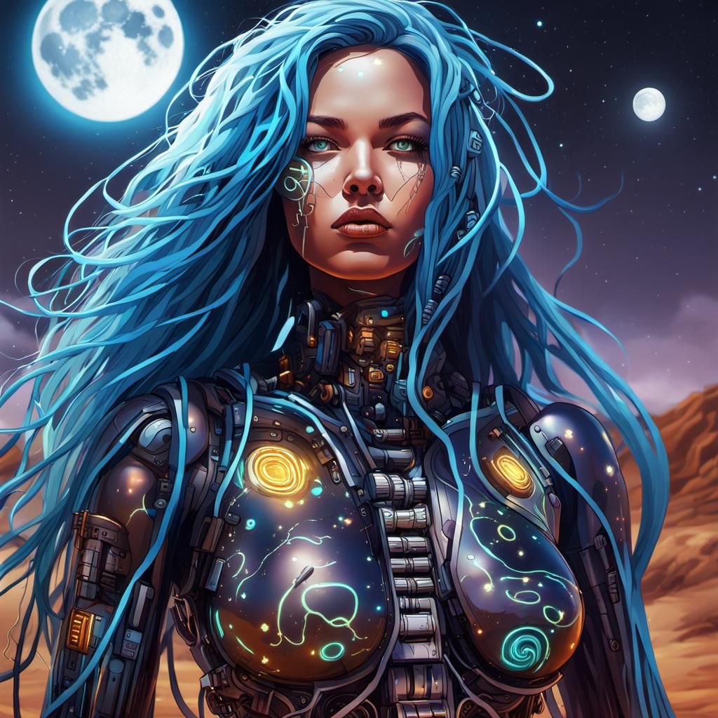 Cybernetic Woman in Desert Moonlight, Graffiti Art