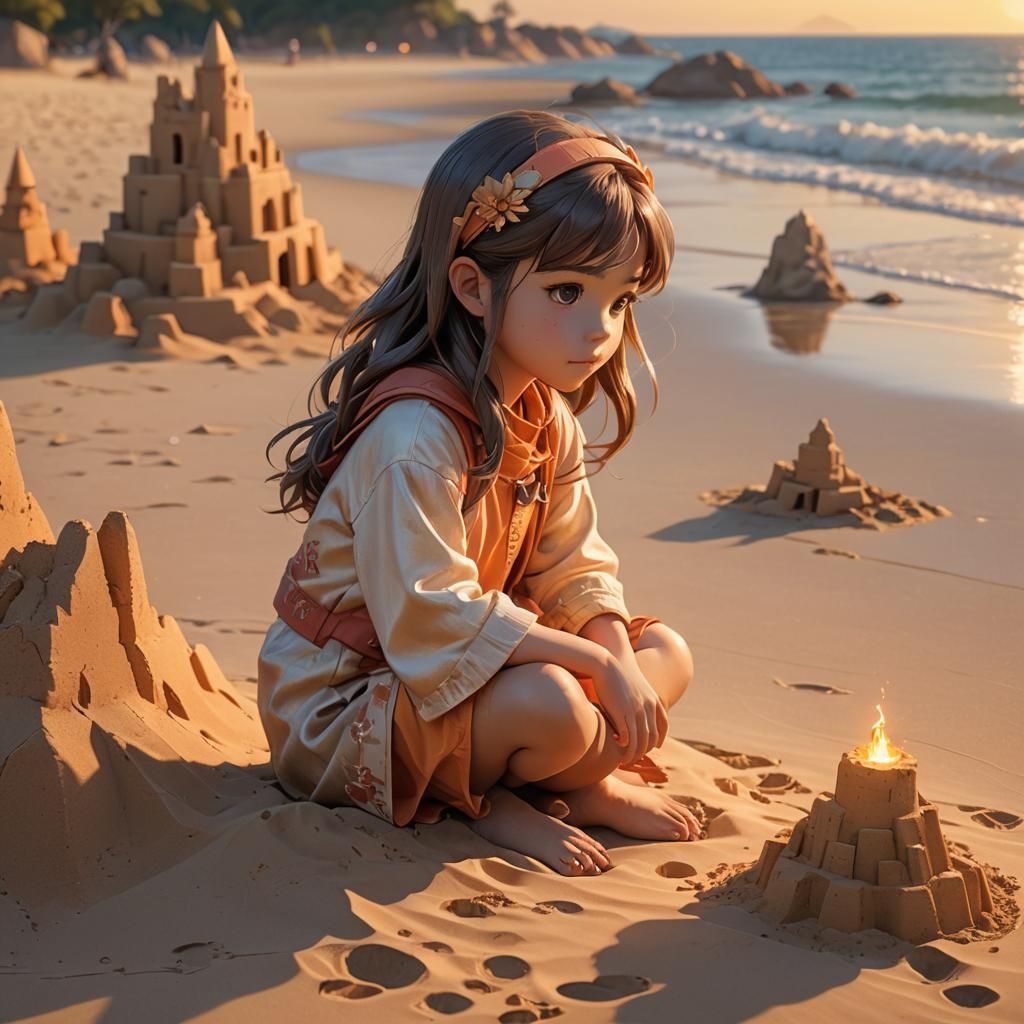 Anime Girl Dreams on Beach at Sunset in 3D
