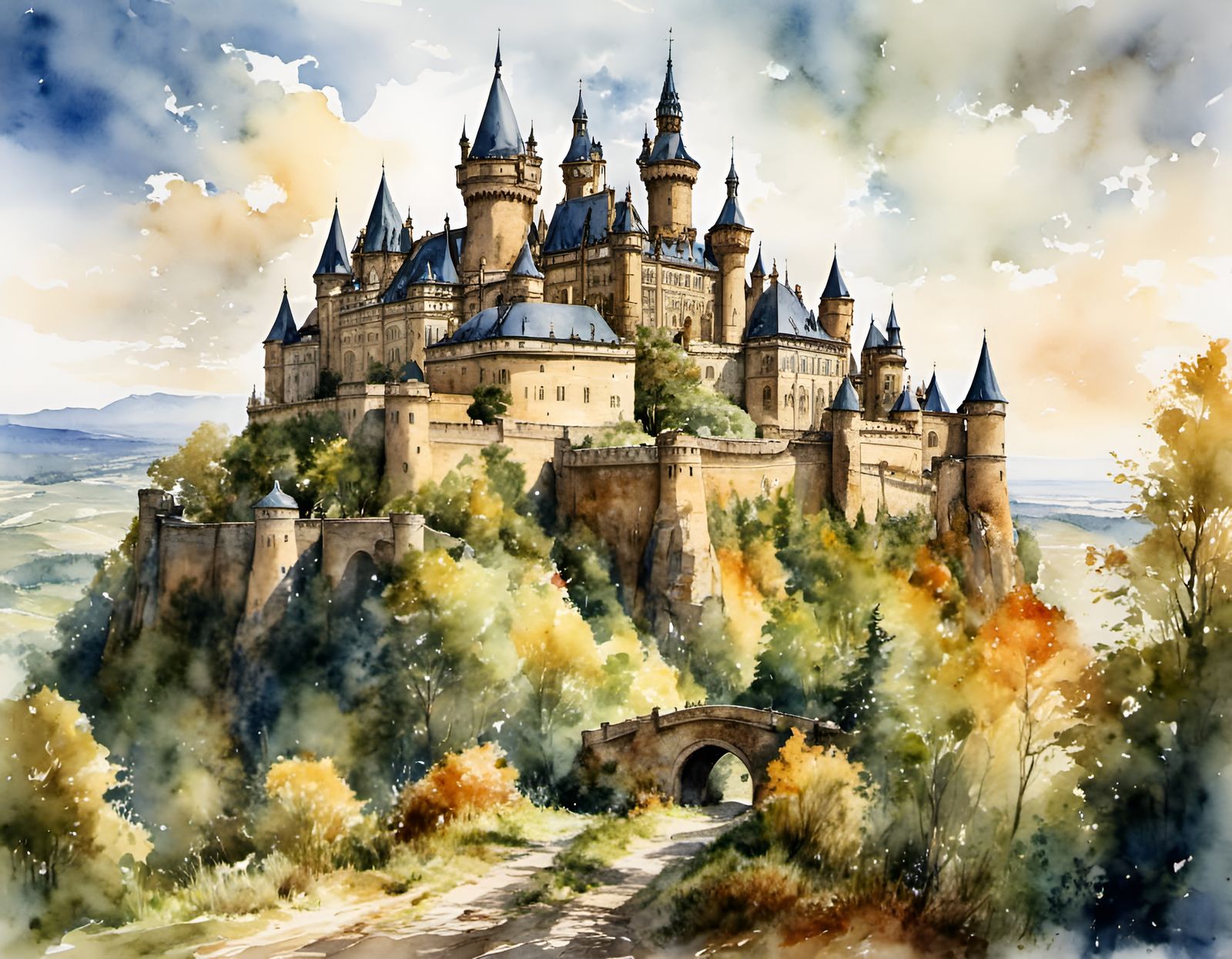 Hohenzollern Castle in Watercolor Style