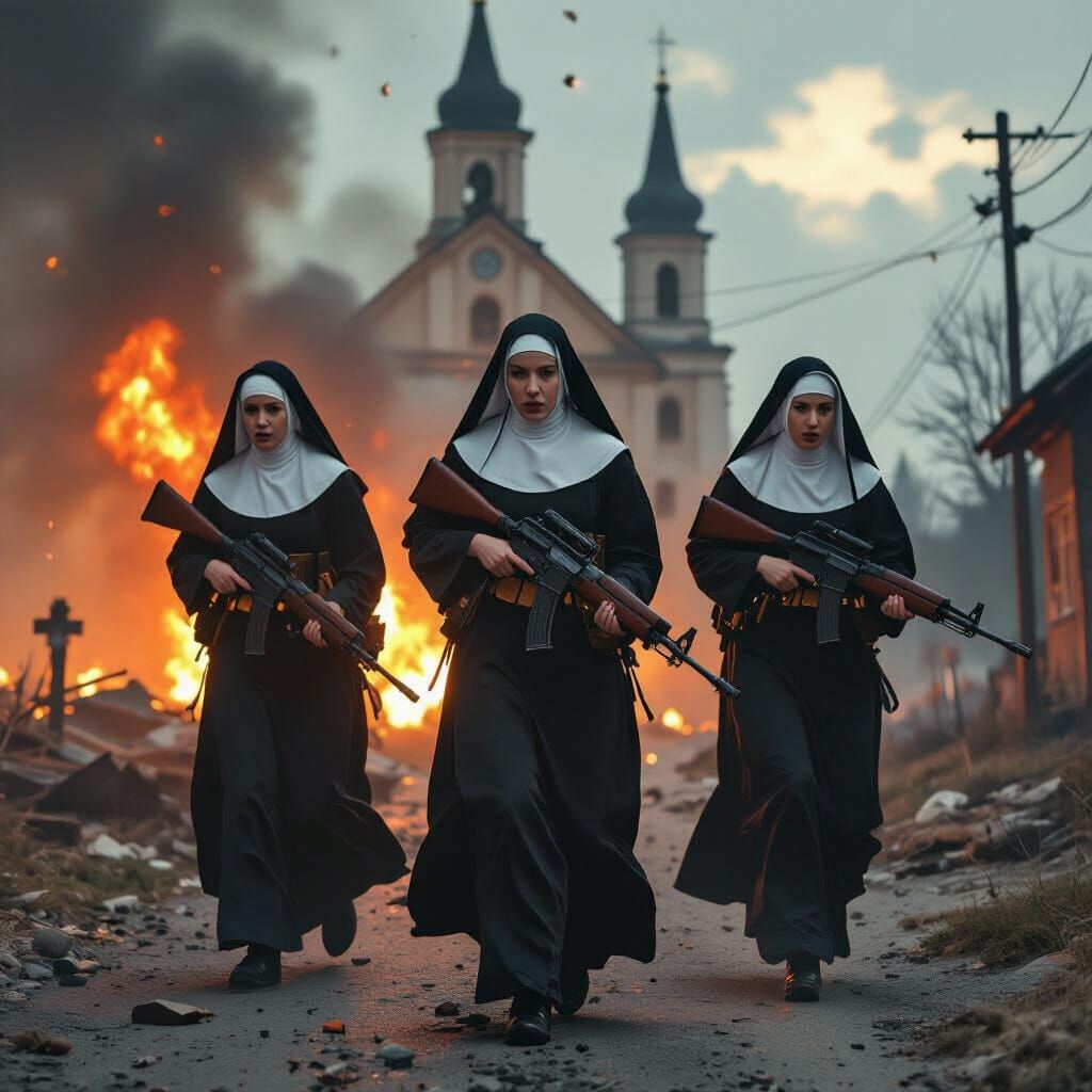 Nuns Fleeing Burning Church with AK47s: Realistic Action