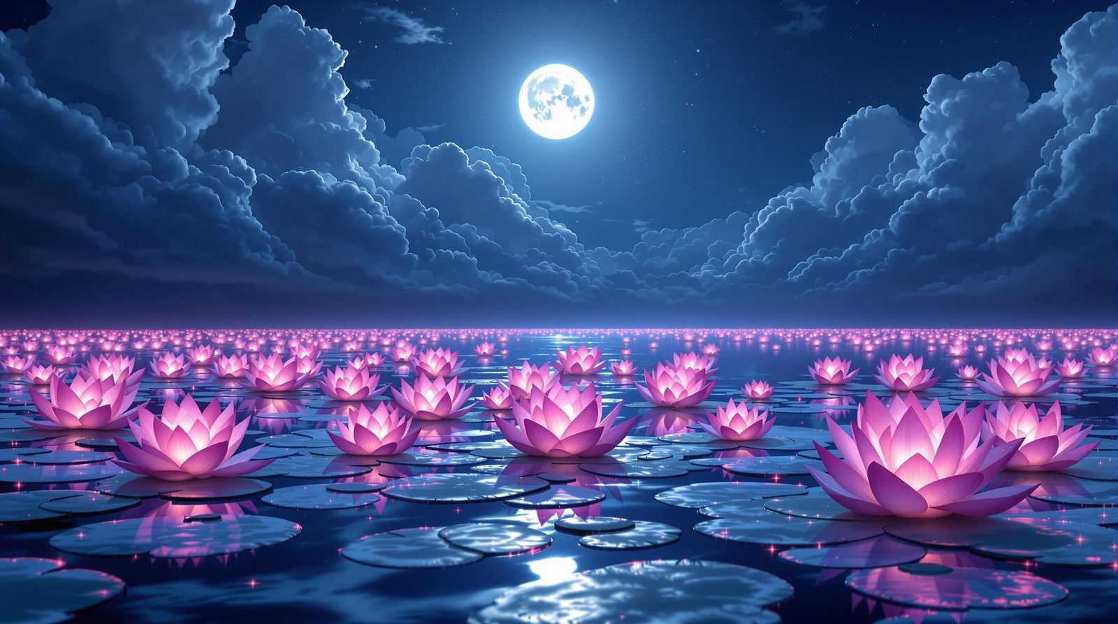Ethereal Lotus Blooms Under Full Moonlight