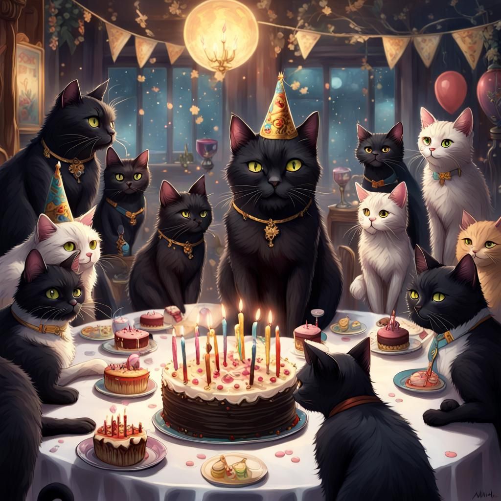 Black Cat Birthday Party: Anime-Style Digital Painting