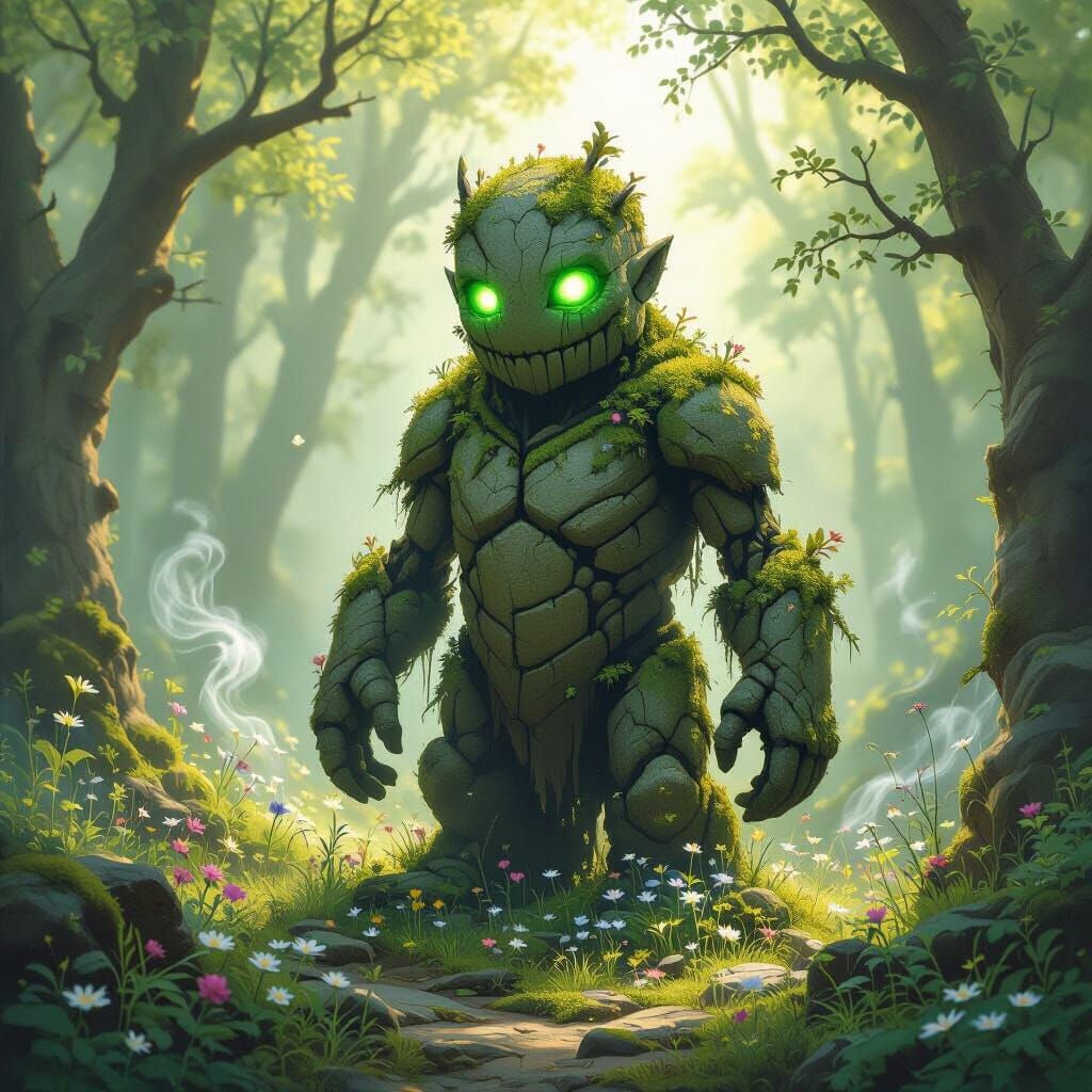 Moss-Covered Stone Golem Awakens in Sunlit Forest
