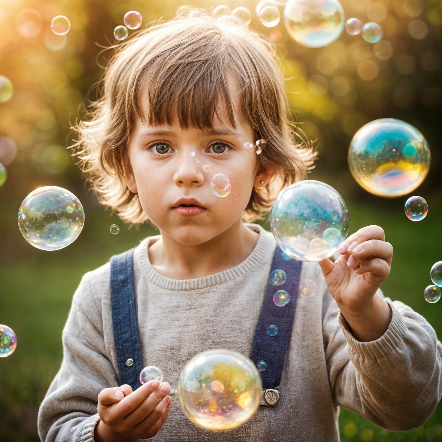 Happy Child Blowing Bubbles in Natural Light
