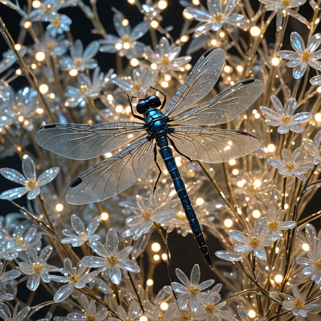 Crystal Dragonfly with Glittering Flowers in Hyperrealistic ...