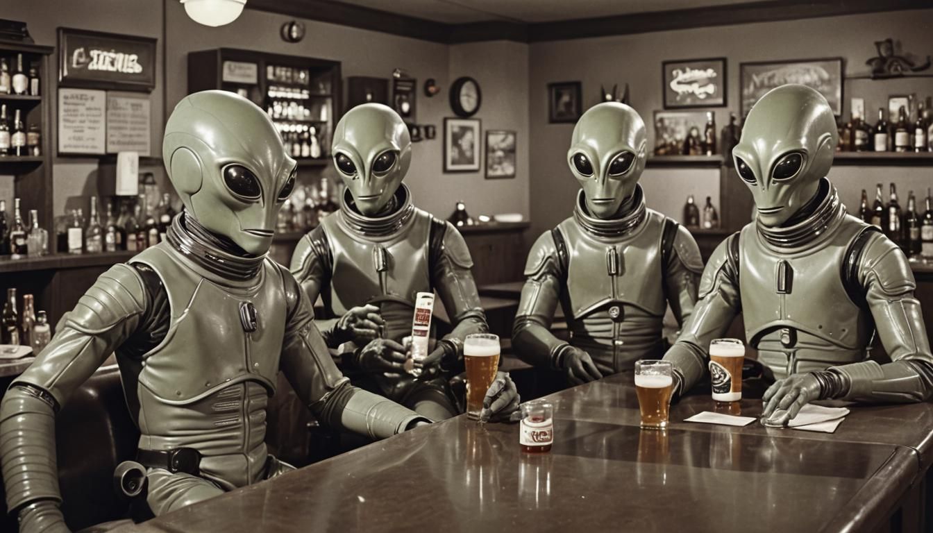 Merry Space Aliens Drinking Beer in Sci-Fi B-Movie