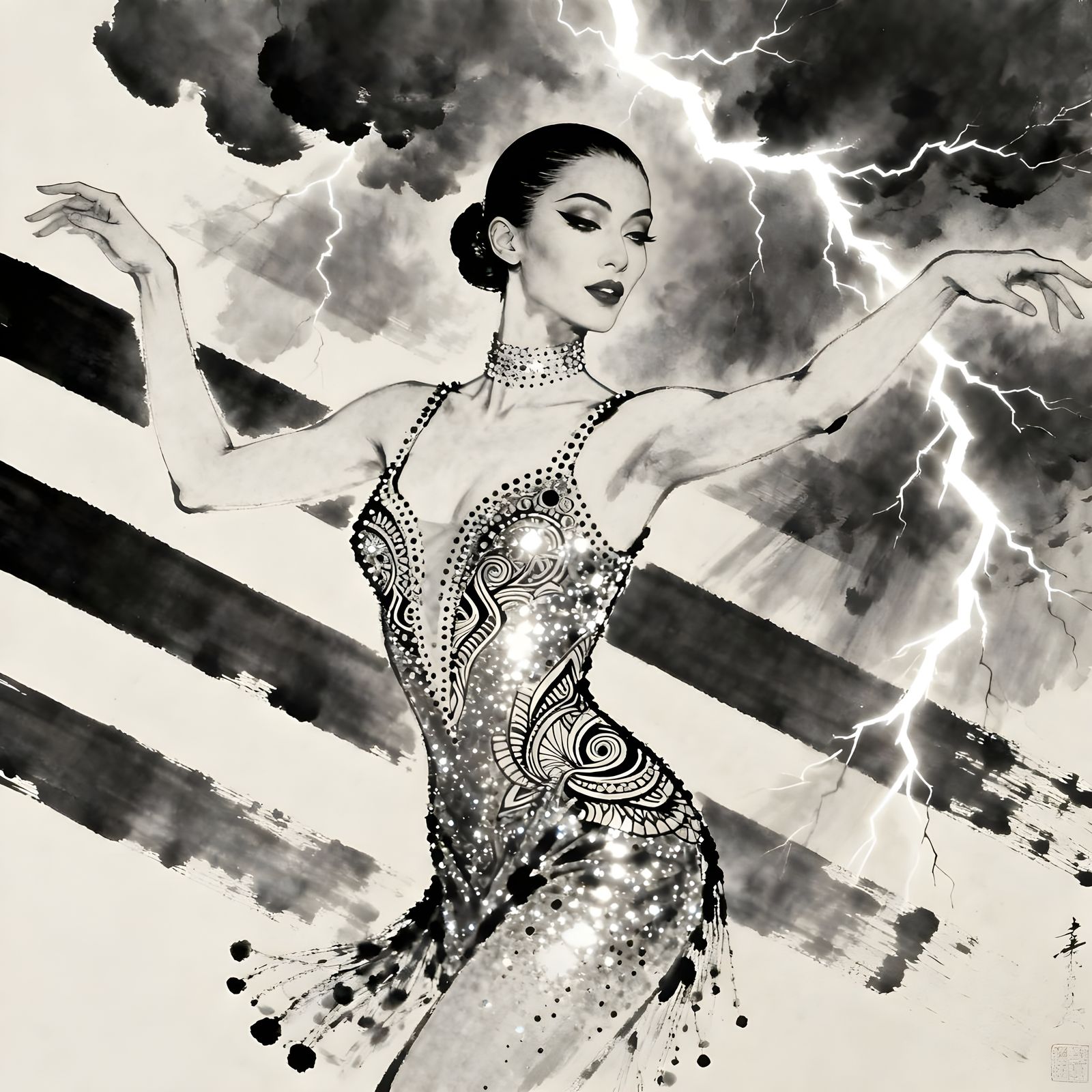 Showgirl Dancing Amidst Lightning Strikes in Graphic Art Sty...