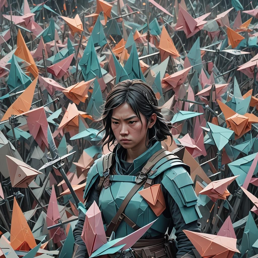Awakened Origami Warrior with Swords in Soft Focus