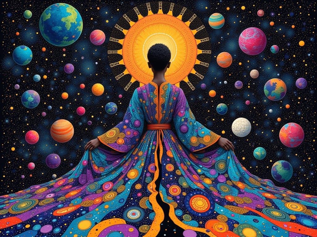 Majestic Galaxy Woman Unveils Fractal Cosmos