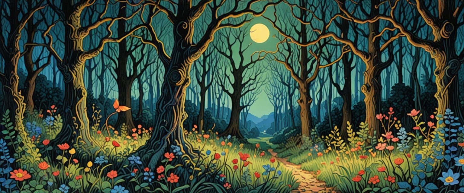 Vibrant Forest Creatures under a Beautiful Night Sky