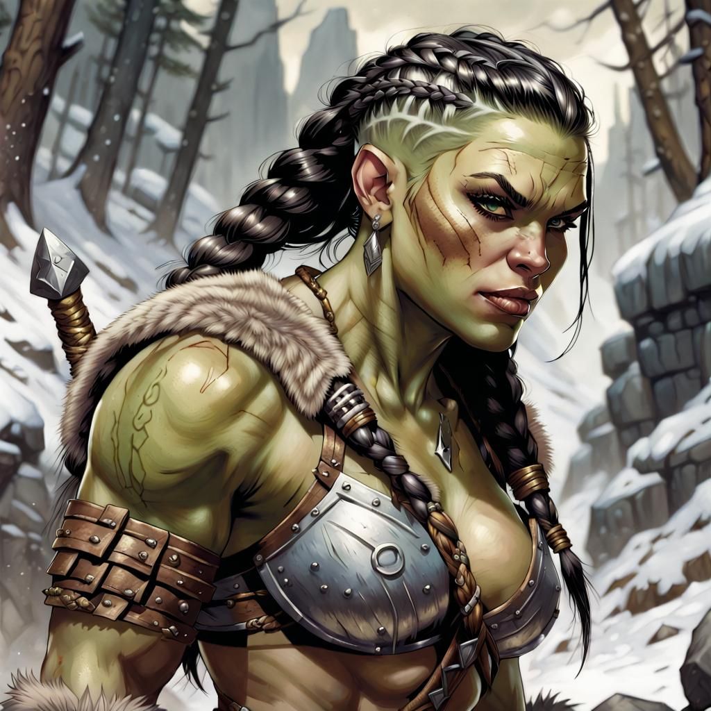 Female Half-Orc Barbarian Portrait in Comic Book Style
