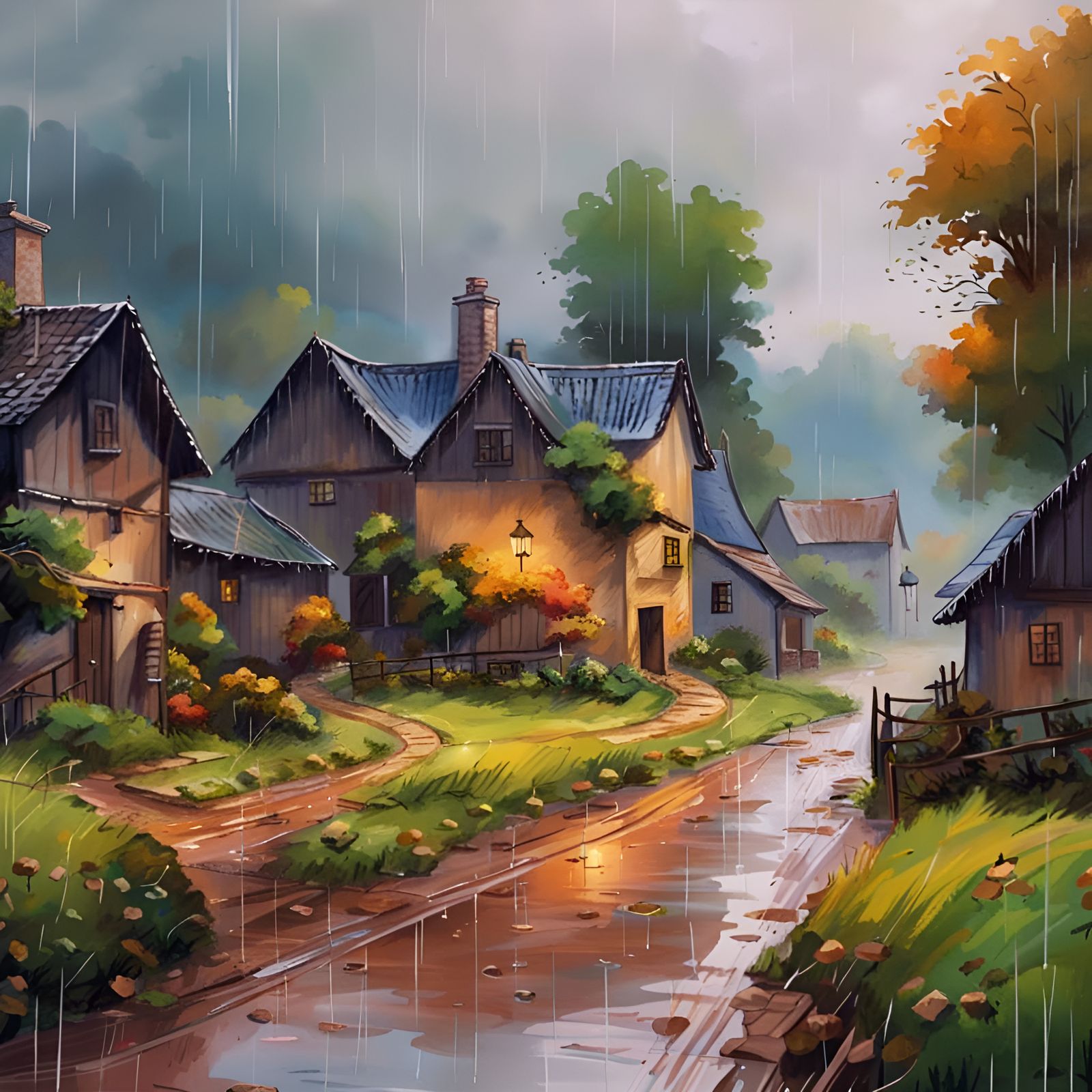 Picturesque Rainy Village Landscape in Watercolor Style