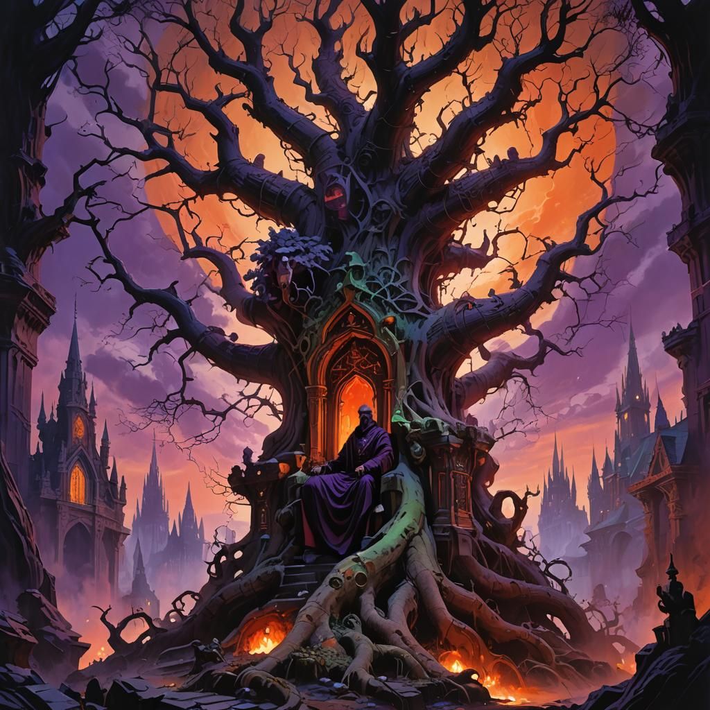 Underworld Queen on Twisted Throne with Fiery Sunset