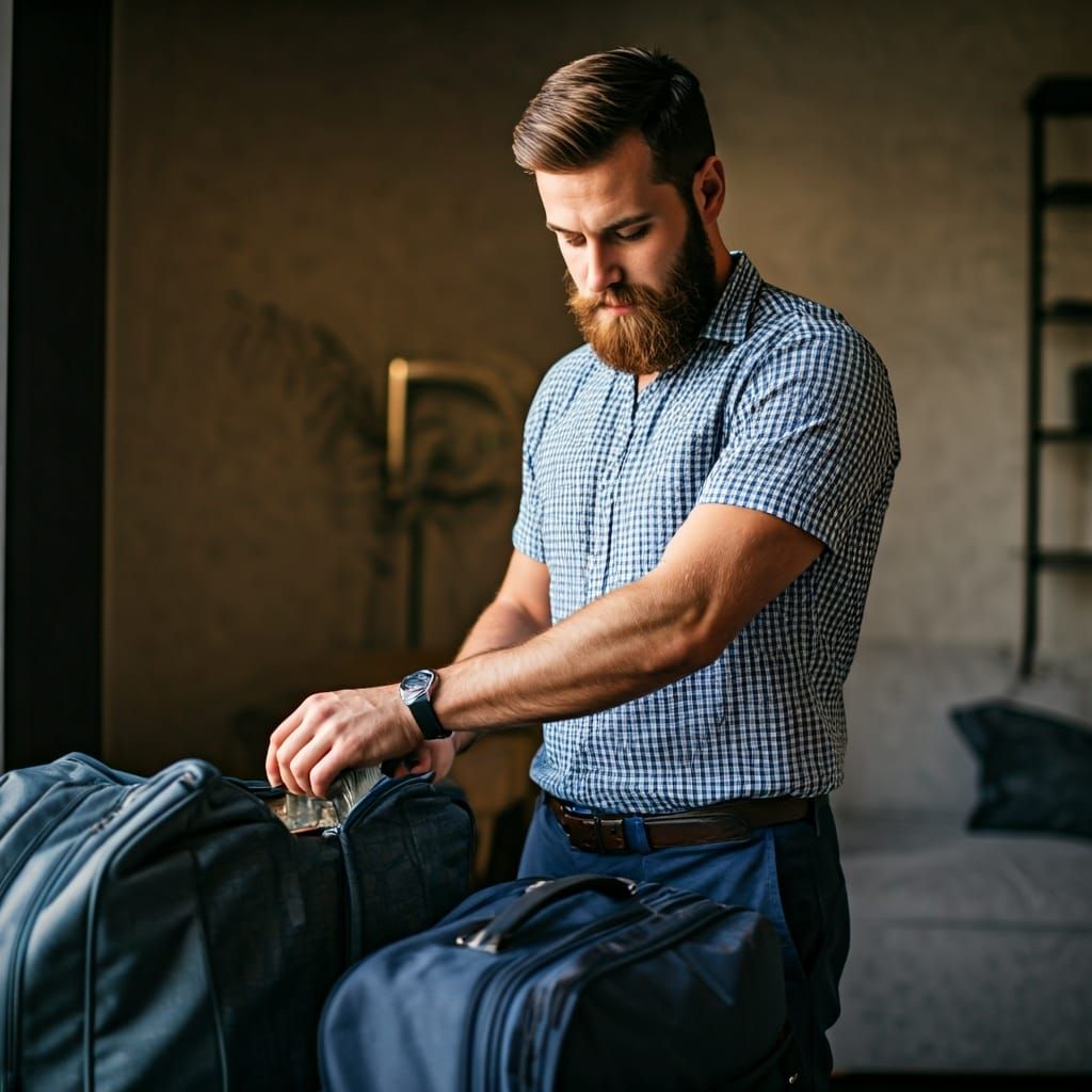 Shirtless Bearded Man Packing Travel Bag