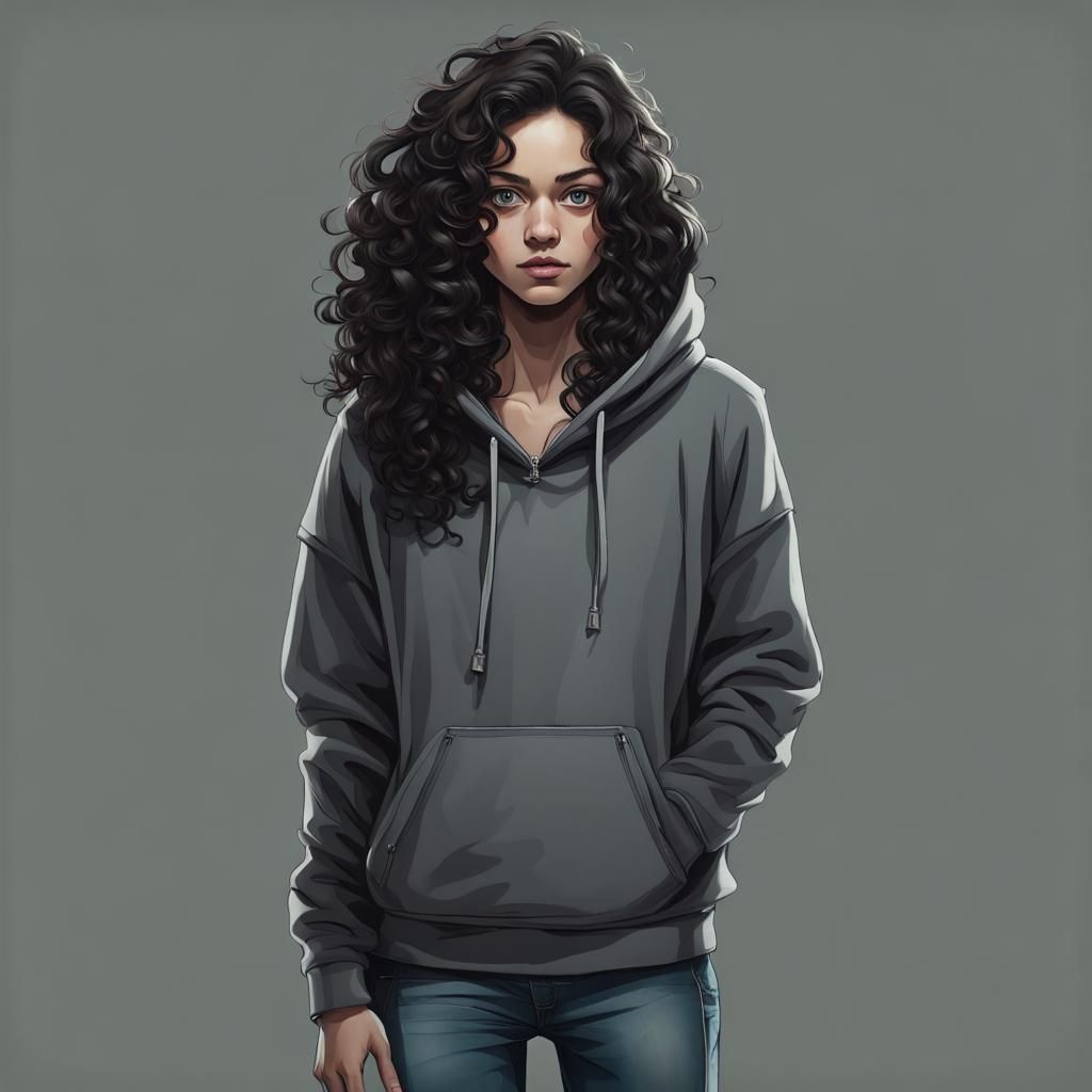 Intelligent Teen with Curly Hair and Gray Hoodie