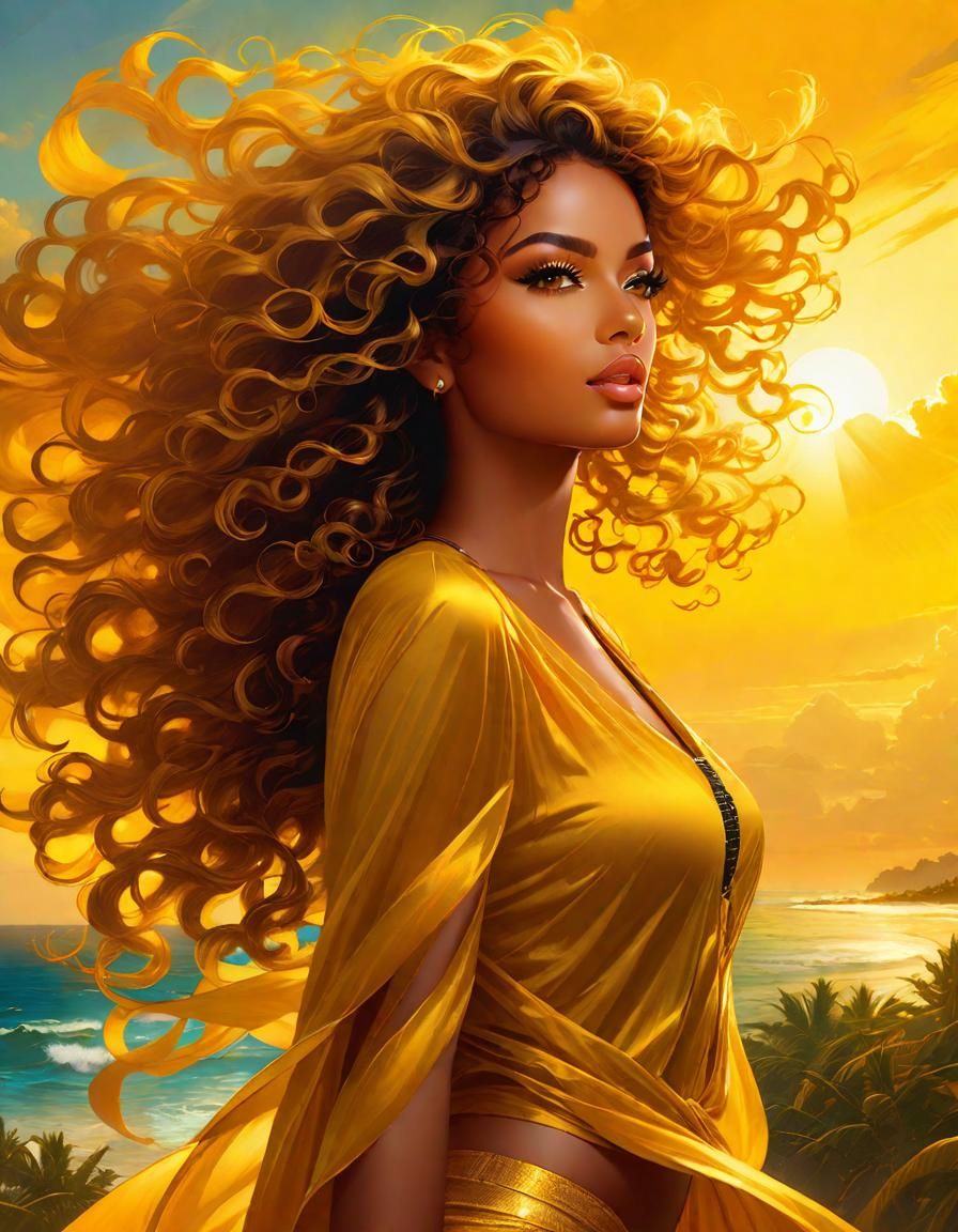 Stunning Portrait of a Woman in Yellow Sunset, Splash Art