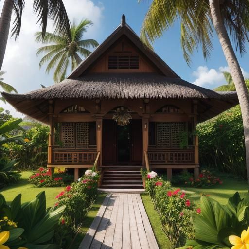 Picturesque Stilt House with Thatched Roof and Garden