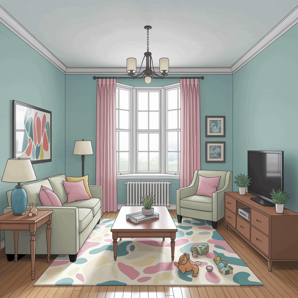 Empty Room with Furniture in Watercolor Style