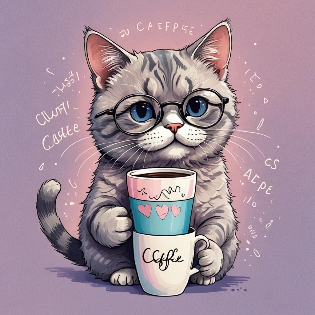 Cute Cat with Coffee in Cartoon Style