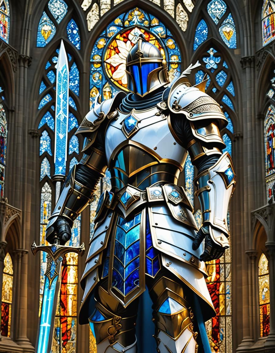 dark knight in white armor with a sword, celestialpunk, bron...