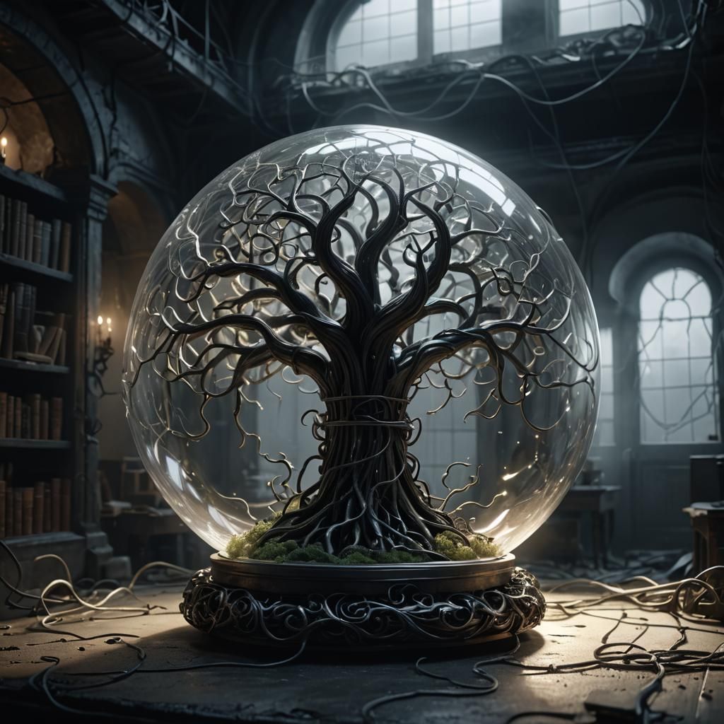 Ethereal Glass Sculpture in Misty Lab, Dark Fantasy 3D Rende...