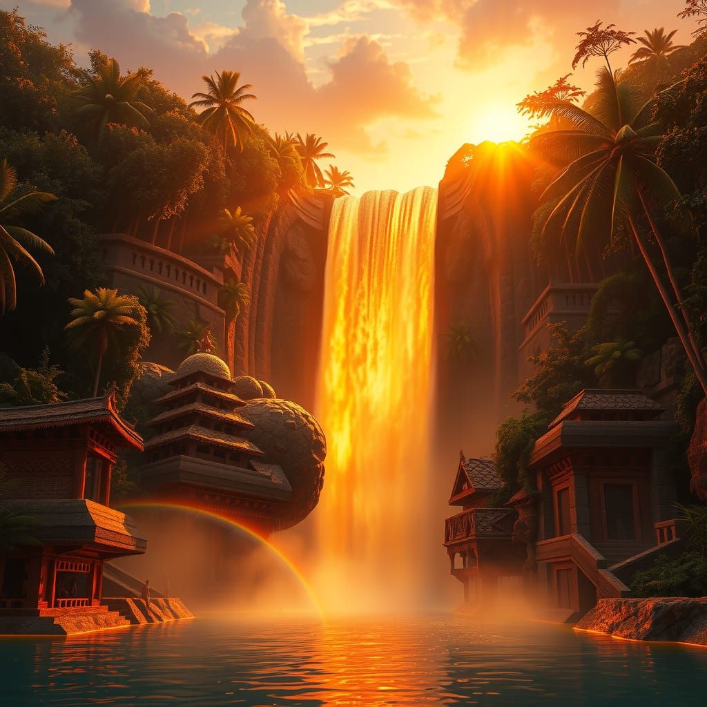 Golden Waterfall near Inca Pyramids at Sunset