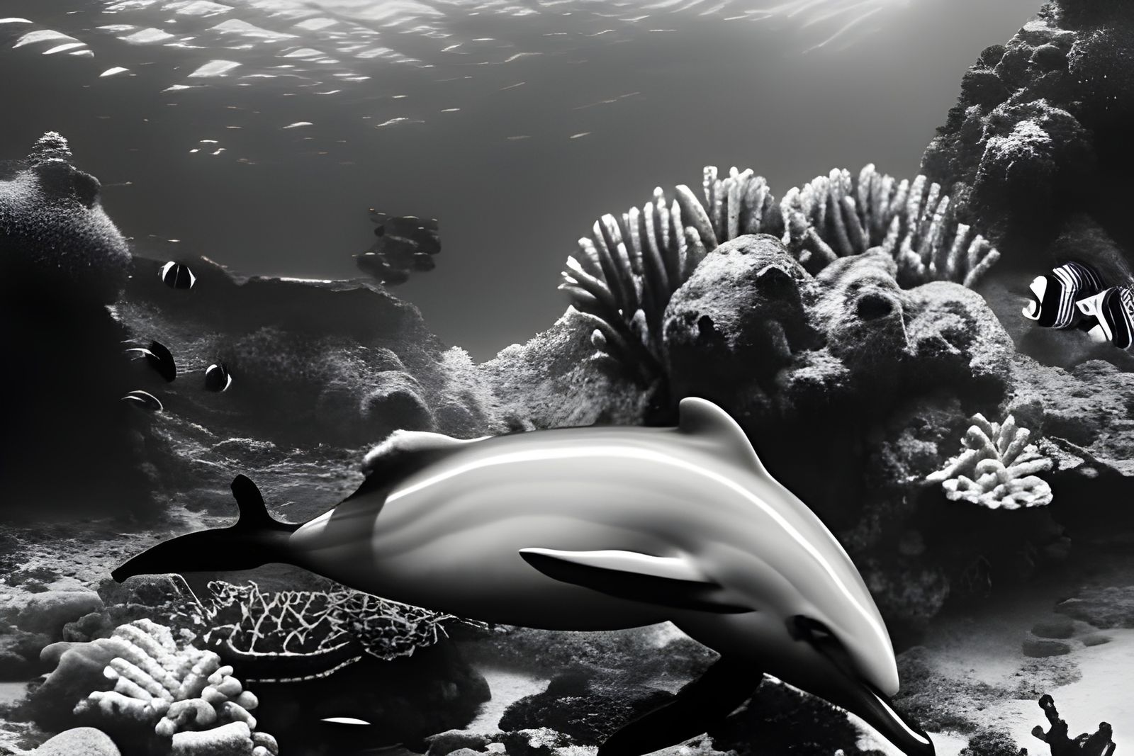Striped Dolphin in Coral Reef, Naturalist Illustration