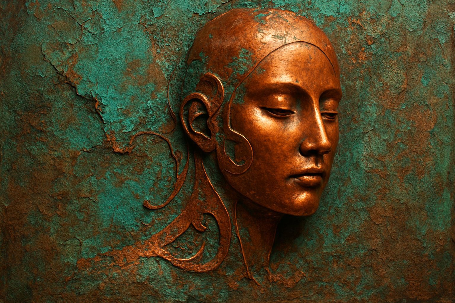 Copper Patina Mask Earth Art in Mixed Media
