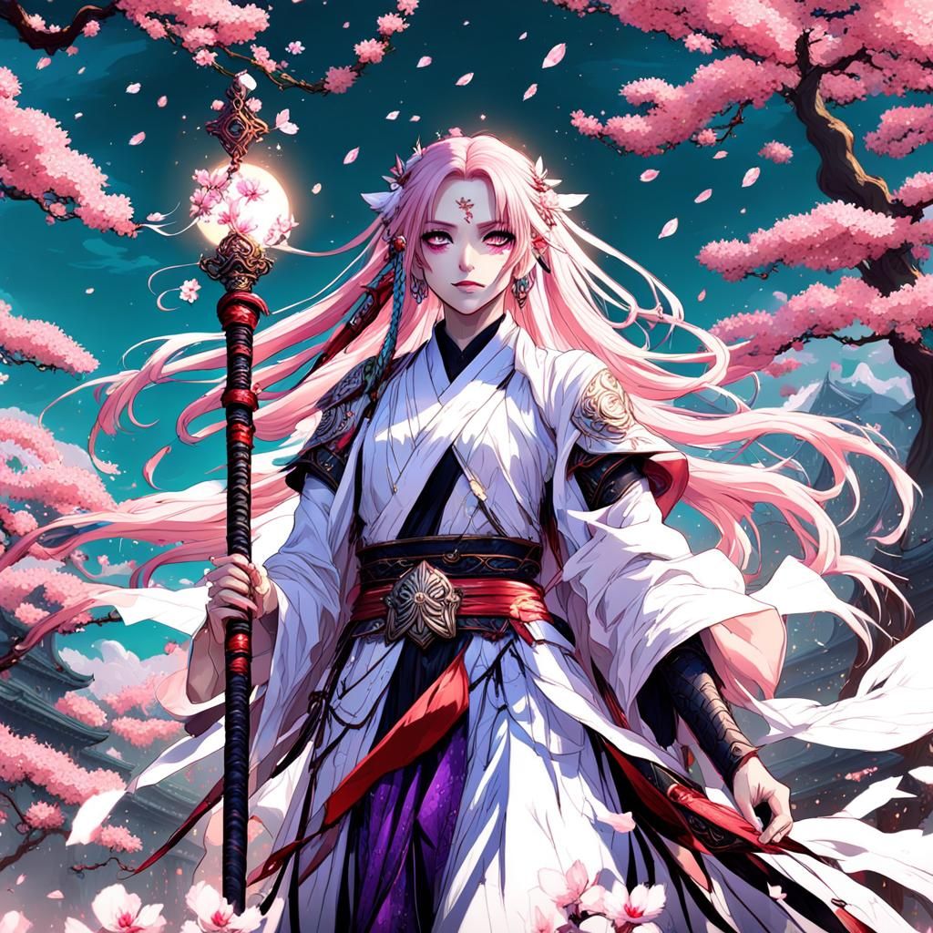 Anime Priestess with Cherry Blossom Tree