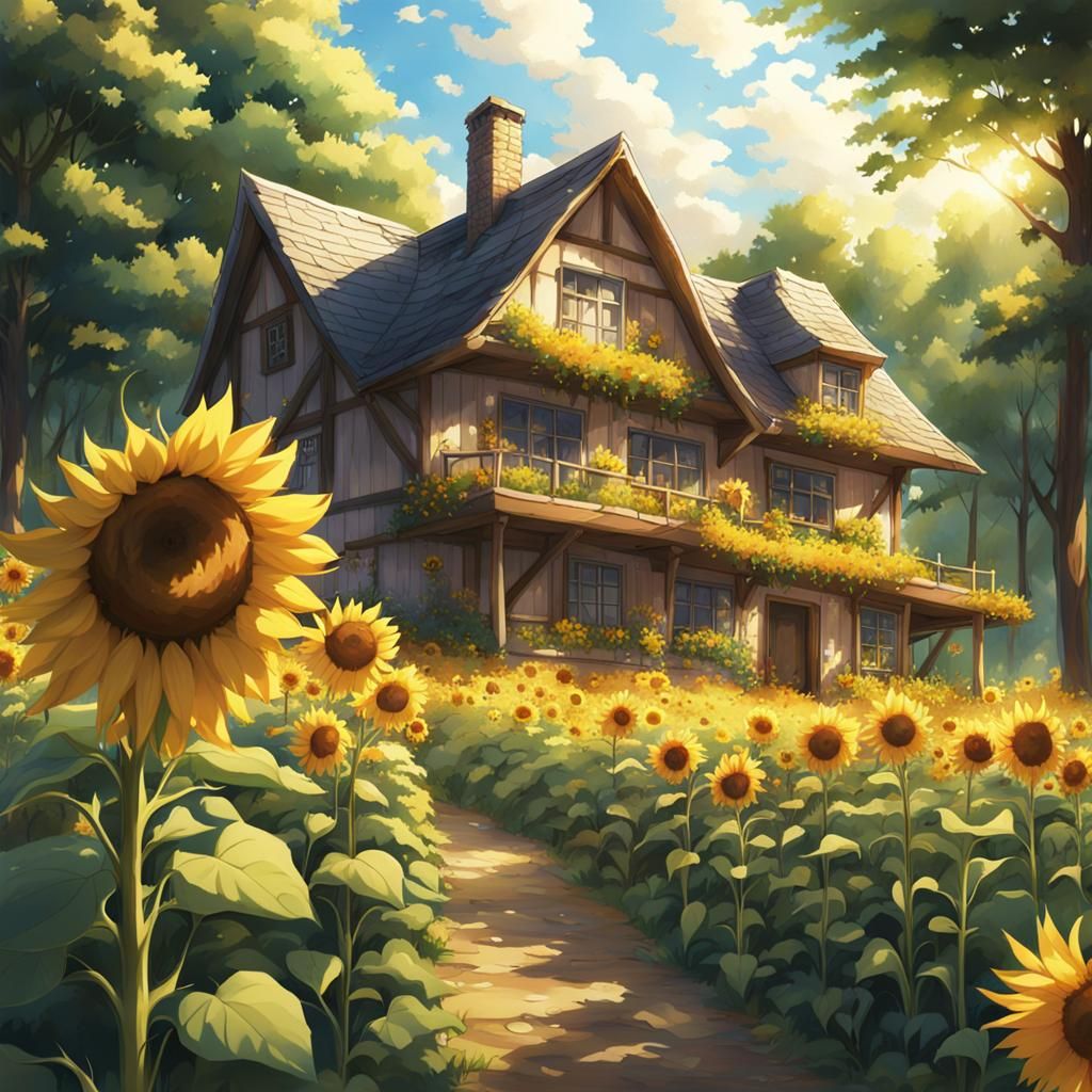 Sunlit Cottage Surrounded by Sunflower Field in Anime Style